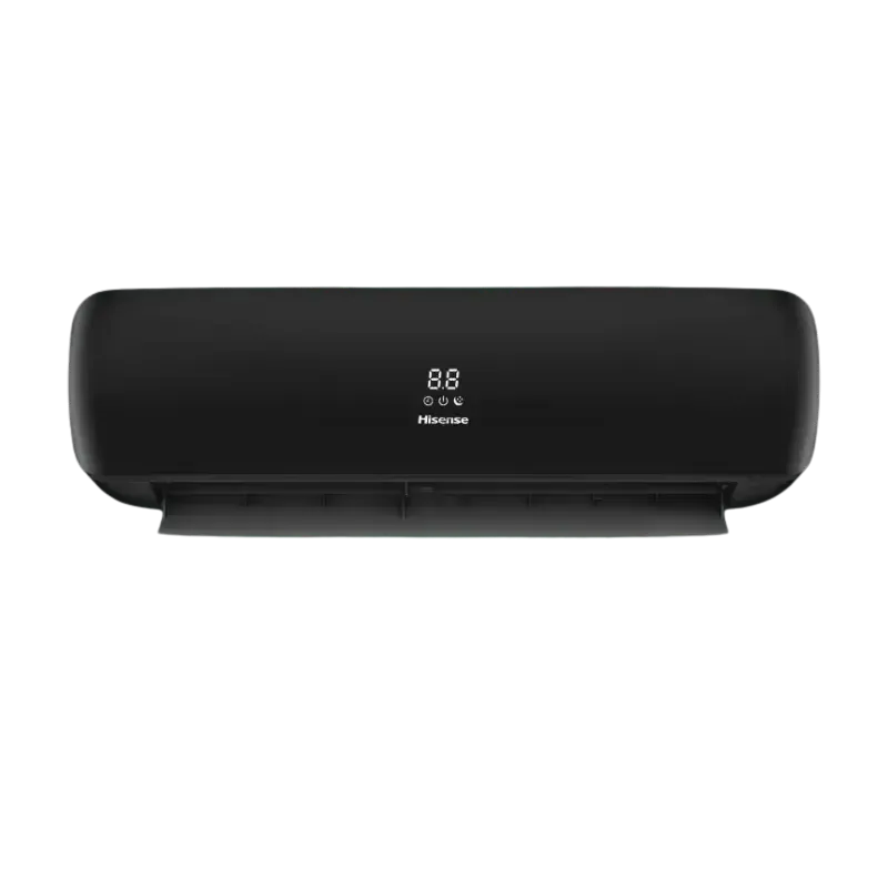 Aire Acondicionado Hisense Luso Premium Inverter 12.000 BTU 220V, diseño elegante en negro con control Wi-Fi y tecnología de ahorro energético.