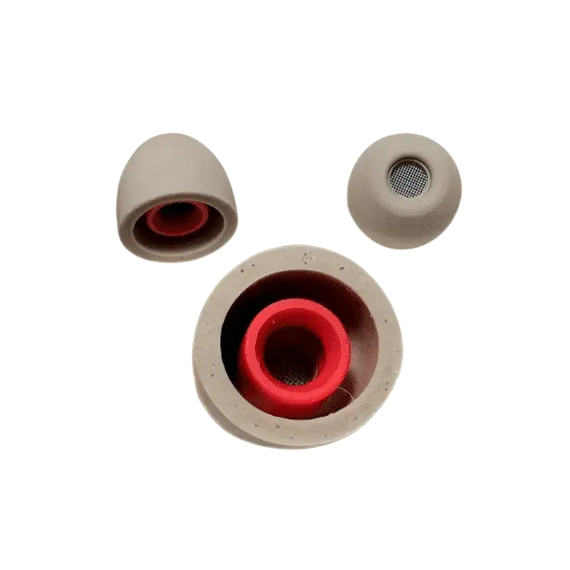 Juego almohadillas Sony WF-1000XM5 SS plata platino núcleo rojo vistas múltiples Tres perspectivas de almohadillas Sony WF-1000XM5 SS plata platino núcleo rojo