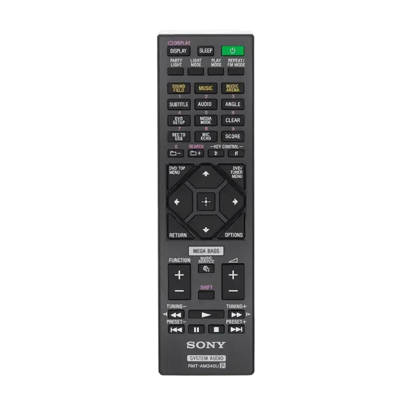 Control Remoto Sony RMT-AM340U [149334111] compatible con MHC-V90DW, diseño ergonómico con funciones avanzadas para control total del sistema de sonido.