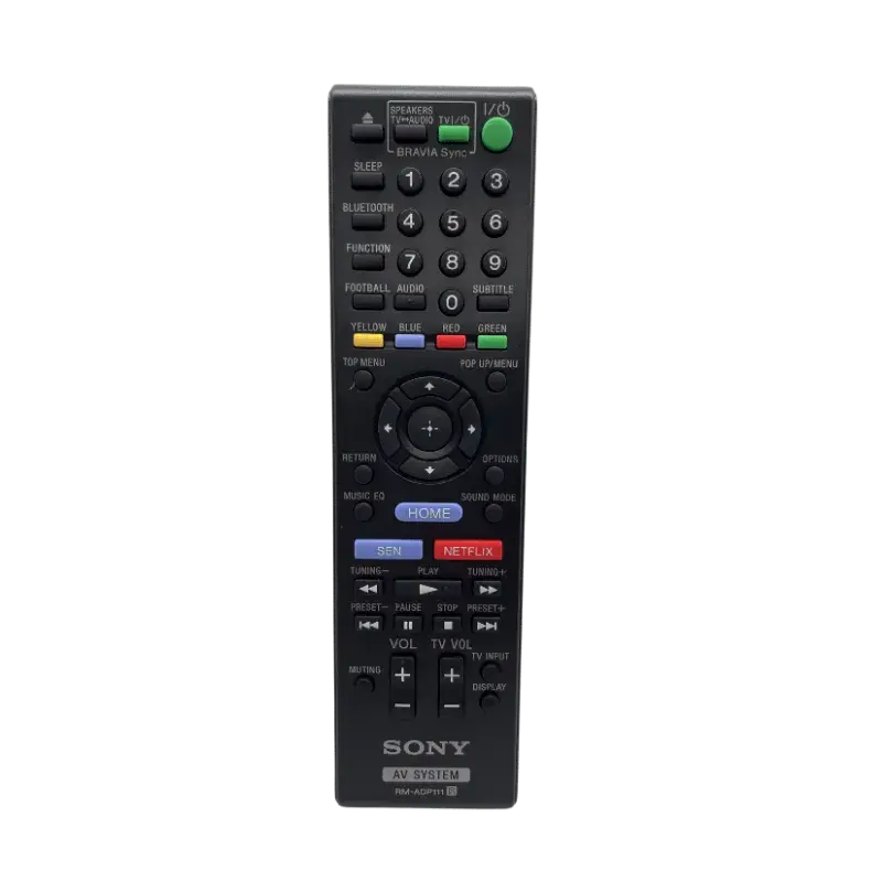 Control remoto original Sony RM-ADP11 para sistemas AV y teatro en casa, botones multimedia dedicados Netflix, SEN y funciones avanzadas claramente visibles.