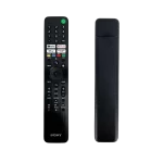 Vista frontal y posterior del control remoto original Sony RMF-TX520U, mostrando diseño y textura ergonómica