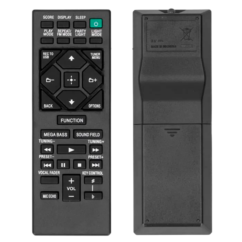 Vista frontal y trasera del control remoto Sony RMT-AM220U con botones multimedia y compartimento posterior