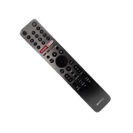 Vista diagonal superior del control remoto Sony RMF-TX611B acabado metálico con botones multimedia visibles