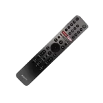 Vista diagonal inferior del control remoto Sony RMF-TX611B, acabado metálico y botones multimedia