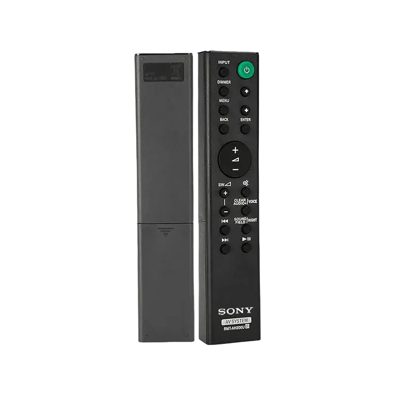 Vista frontal y posterior del control remoto Sony RMT-AH200 mostrando compartimento para baterías