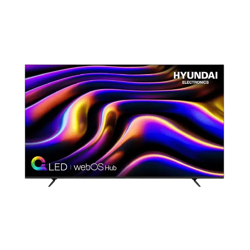 TV Hyundai QLED HYLED8601QW4KM con WebOS Hub, pantalla frontal mostrando colores vivos y diseño minimalista.