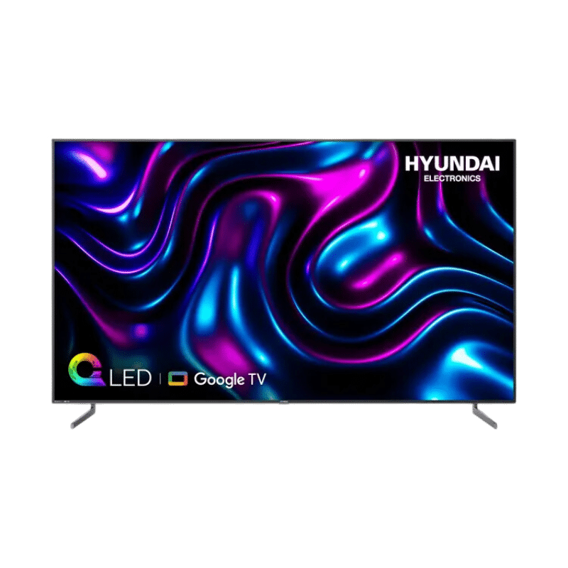 TV Hyundai HYLED9801QG4KM QLED 4K con Google TV, pantalla brillante y colores vibrantes en vista frontal.