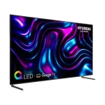 Vista lateral delgada del televisor Hyundai HYLED9801QG4KM QLED 4K, resaltando diseño moderno sin bordes.