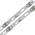 Detalle del Kit de Barras LED compatible con televisores (V1) HYLED3216iNTC, mostrando conectores y lentes difusoras para iluminación uniforme.