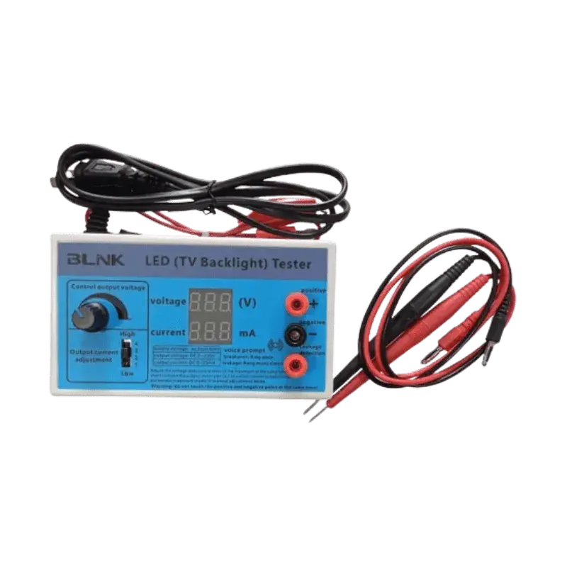 Probador de Retroiluminación BLINK con pantalla digital, regulador de voltaje y cables de prueba incluidos.