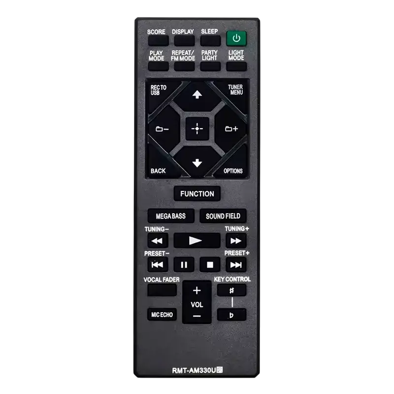 Control remoto Sony RMT-AM330U – Vista frontal. Vista frontal del control Equipo Sony RMT-AM330U, destacando sus múltiples funciones y diseño compacto.