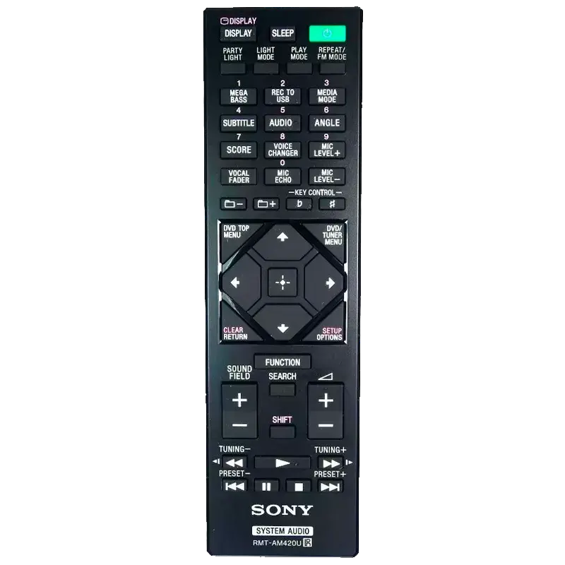 Control remoto Sony RMT-AM420U – Vista frontal. control remoto Sony RMT-AM420U con múltiples botones de función y diseño ergonómico.