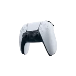 Control DualSense PS5 blanco en vista diagonal, resaltando joysticks, botones y diseño ergonómico.