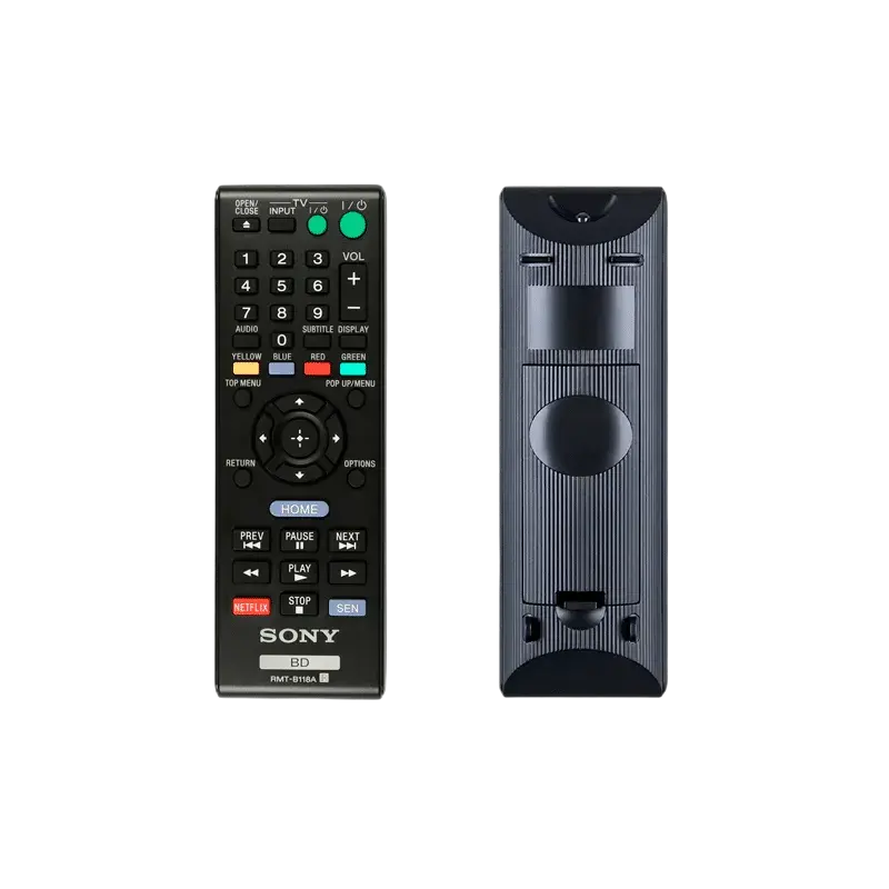 Control remoto Sony RMT-B118 con vista frontal y trasera, diseño ergonómico y botones de acceso rápido.