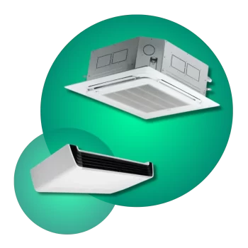 Aires acondicionados comerciales tipo cassette y ducto para climatización eficiente en grandes espacios.