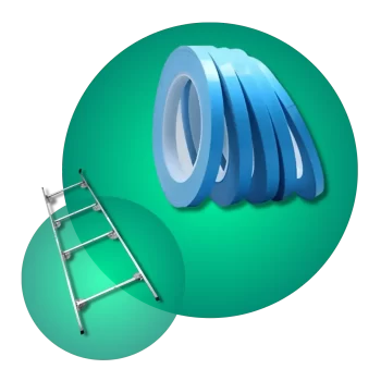 Cintas adhesivas y escalera de mantenimiento para reparación de equipos electrónicos.