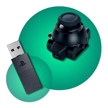 Joystick de repuesto y adaptador USB para consolas de videojuegos.