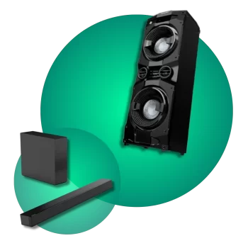 Sistemas de Audio como Bocina de alta potencia y barra de sonido con subwoofer para una experiencia de audio envolvente.