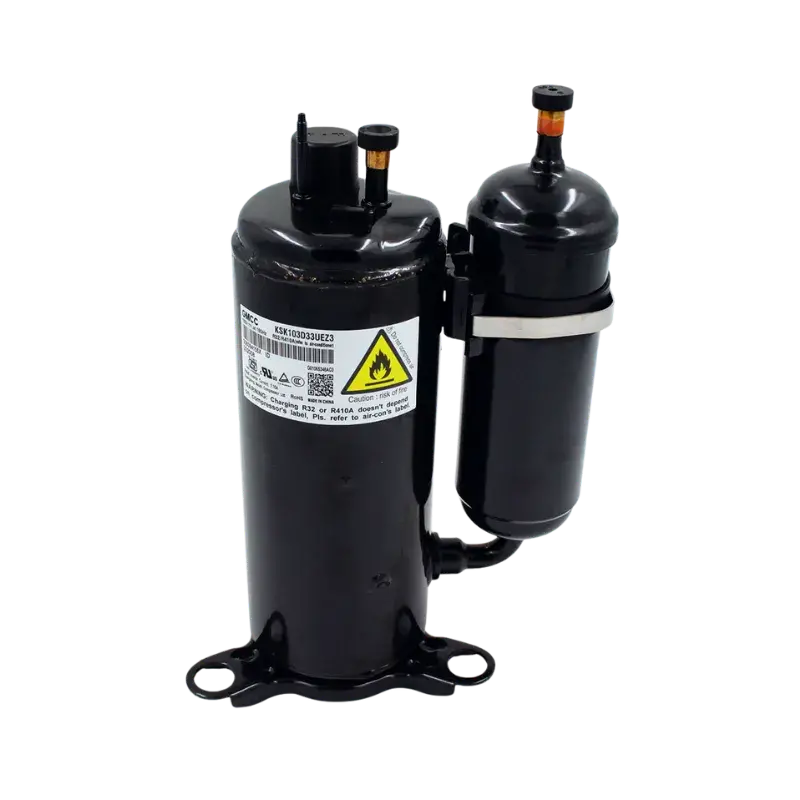 Compresor DC Midea KSK103D33UEZ3 referencia 11103020005082 con tecnología inverter Compresor rotativo inverter Midea KSK103D33UEZ3 con etiqueta técnica y advertencia visible