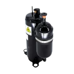 Compresor rotativo Midea KTN150D30UFZA vista lateral con unidad auxiliar y etiquetas de advertencia