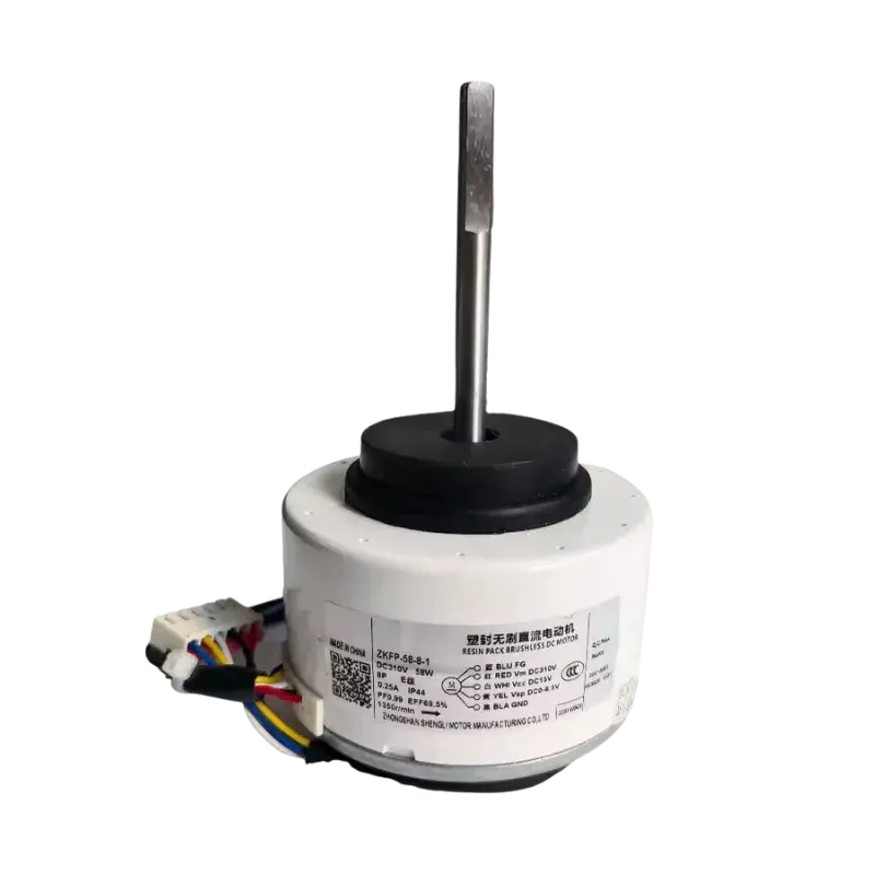 Motor blower Midea 11002015014771 modelo ZKFP-58-8-1-10 con eje metálico y etiqueta técnica