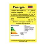 Etiqueta RETIQ de eficiencia energética para aire acondicionado LG modelo VO121H1 SD1, mini split pared, con consumo de energía de 172 kWh/mes y eficiencia de 2.75 Wt/We.