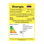Etiqueta RETIQ de eficiencia energética para aire acondicionado LG modelo VO122H1 SD1, mini split pared, con consumo de energía de 172 kWh/mes y eficiencia de 2.75 Wt/We.
