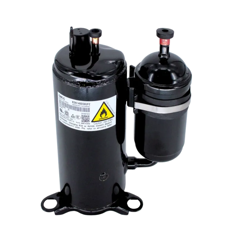 Compresor Midea KSN140D58UFZ frontal con etiqueta visible Compresor rotativo inverter DC Midea KSN140D58UFZ vista frontal con etiqueta de referencia y advertencia visible