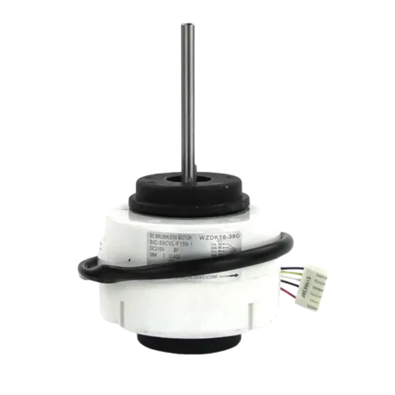 Motor Blower 11002015008646 para unidad interna Midea mini split, vista frontal con eje y etiqueta técnica visible