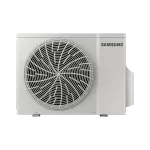 Unidad exterior del aire acondicionado Samsung AI Digital Inverter 9000 BTU vista desde el frente, con ventilador protegido y diseño robusto.