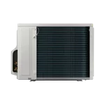 Vista lateral técnica de la unidad exterior del aire acondicionado Samsung AI Digital Inverter 9000 BTU, condensador expuesto y entradas de conexión.