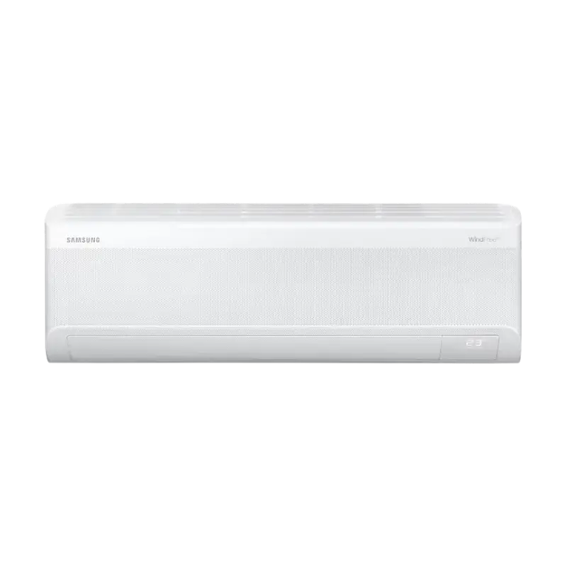 Aire acondicionado Samsung WindFree Inverter 12000 BTU modelo AR60F12D1EW, vista frontal con panel microperforado WindFree y display digital.