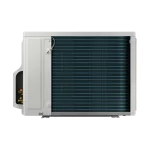 Vista técnica lateral unidad exterior Samsung WindFree 12000 BTU Vista lateral de la unidad exterior del aire acondicionado Samsung WindFree 12000 BTU, modelo AR70F12D1CB, mostrando condensador y conexiones de instalación.