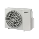 Unidad exterior Samsung WindFree 12000 BTU | Vista en ángulo Unidad exterior del aire acondicionado Samsung WindFree 12000 BTU vista en ángulo, diseño compacto, ventilación frontal y estructura lateral visible.
