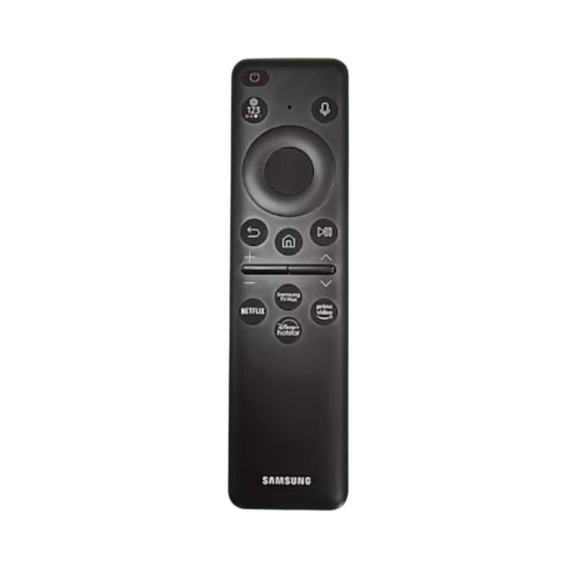 Vista frontal del control remoto Samsung BN59-01455P con botones de streaming, volumen y navegación.