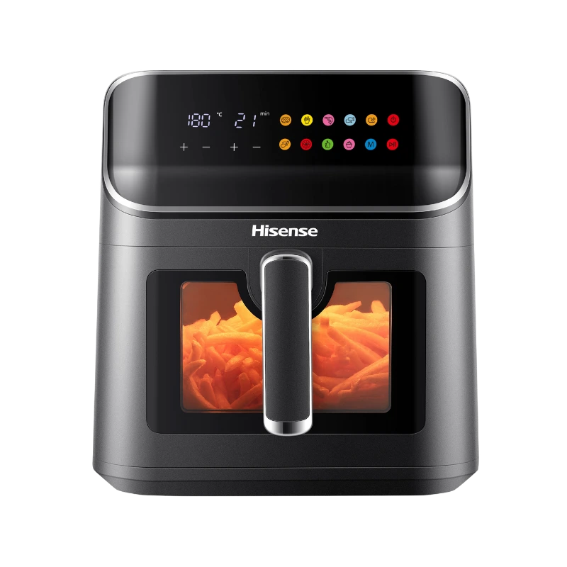 Freidora de aire Hisense H06AFBS2S3 en vista frontal con papas fritas