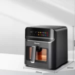 Freidora de aire Hisense H06AFBS2S3 vista lateral con medidas en milímetros