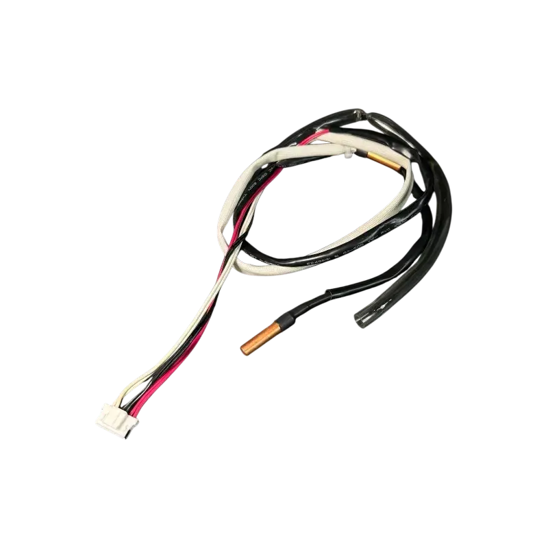 Sensor combinado Midea original 11201011000067 con punta de cobre, cables rojo y negro, y conector de 3 pines para unidad exterior de aire acondicionado.
