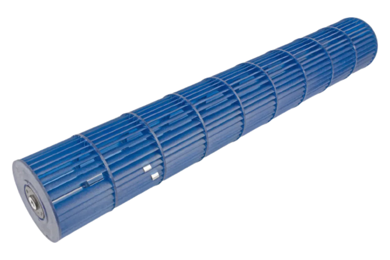 Detalle del extremo del ventilador cross flow Midea 12100102000576 con rodamientos