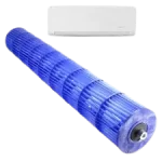 Ventilador cross flow Midea 12100102000576 junto a una unidad de aire acondicionado split