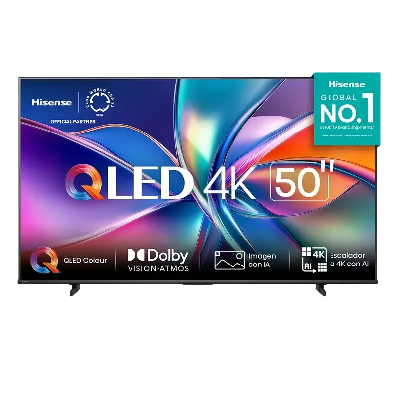 Vista frontal, lateral e inclinada del televisor Hisense QLED 4K de 50 pulgadas modelo 50Q6QV