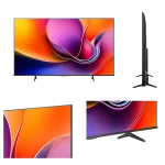 Diseño elegante del televisor Hisense 75A6NV UHD 4K de 75” Vista frontal y lateral del televisor Hisense 75A6NV UHD 4K de 75 pulgadas con diseño delgado y soporte de doble pata