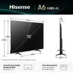 Medidas del Hisense 75A6NV: ancho, alto, profundidad y peso Dimensiones y peso del televisor Hisense 75A6NV de 75 pulgadas UHD 4K