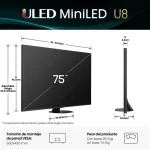 Medidas y dimensiones del televisor Hisense 75U8QG con pantalla de 75 pulgadas, MiniLED ULED 4K