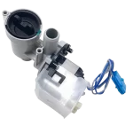 Bomba de drenaje LG AHA74873603 con motor Hanning, vista superior, con carcasa transparente y conectores azules para lavadora.