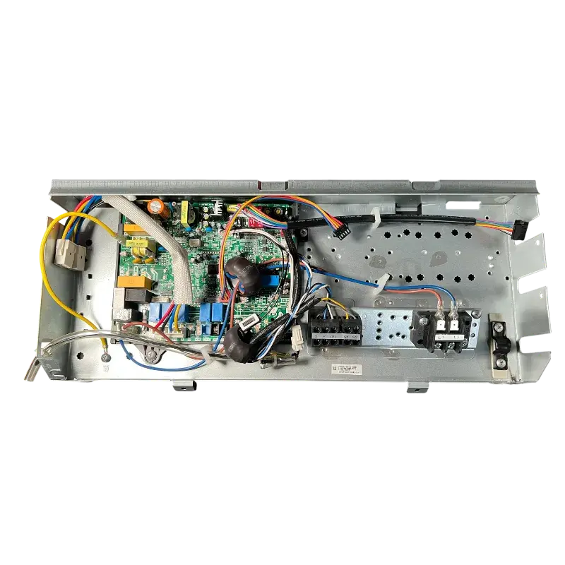 Vista superior de la Electronic control box Midea 17222700001556, mostrando la disposición de la tarjeta PCB y los componentes.