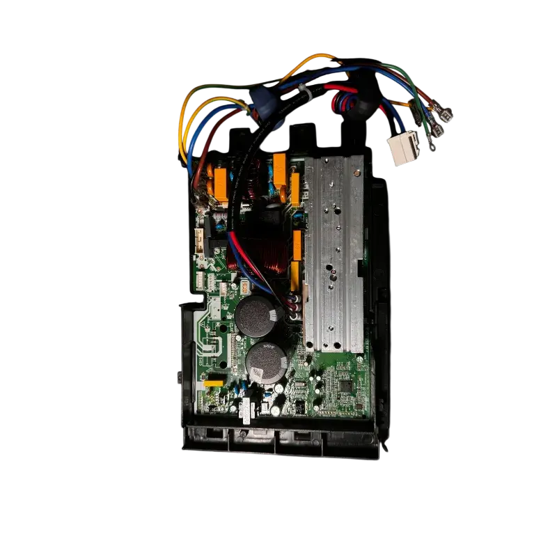 Caja electrónica lateral MX-KF50W con condensadores, bobinas de cobre y conectores multicolores