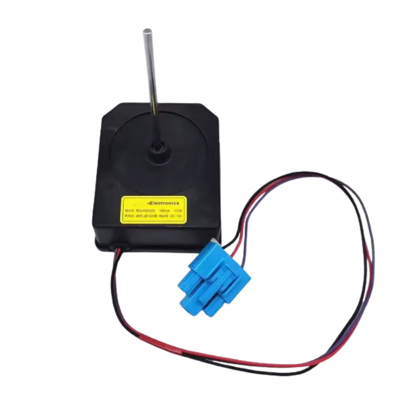 Motor de ventilación LG 4681JB1029B vista superior Fan Motor LG 4681JB1029B con conector azul y etiqueta amarilla