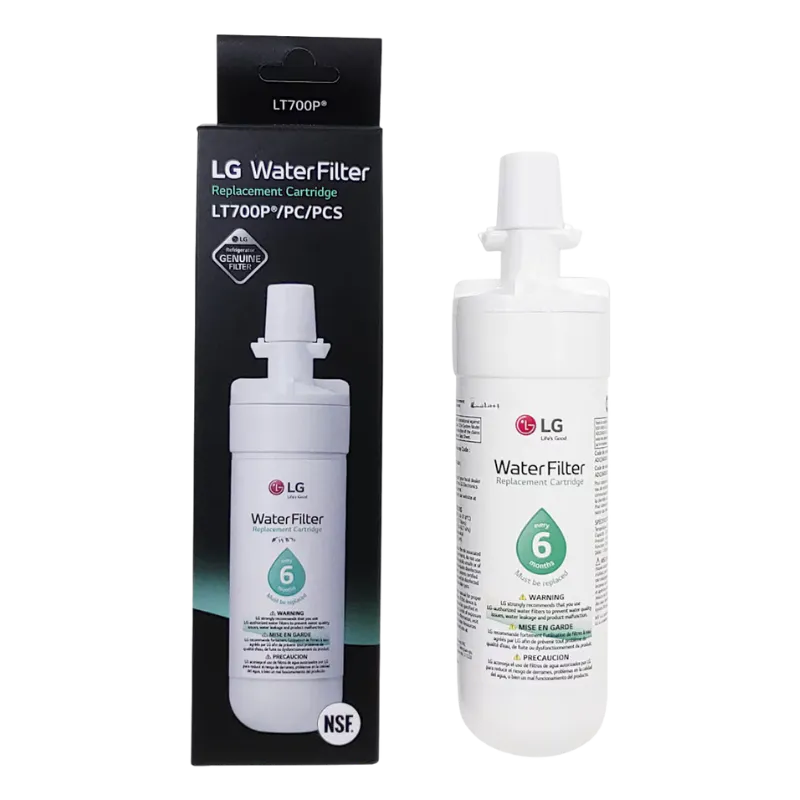 Filtro de agua LG LT700P con empaque original y cartucho visible verticalmente.