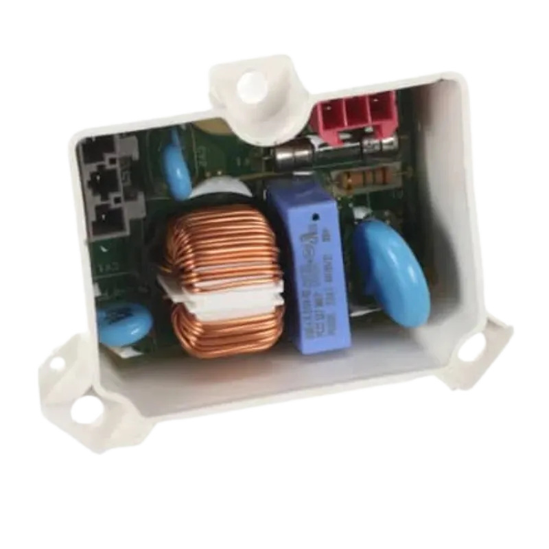 Componentes internos del filtro de línea para lavadora LG 6201EC2002U, donde se observa la bobina de cobre, capacitores y el conector de entrada.